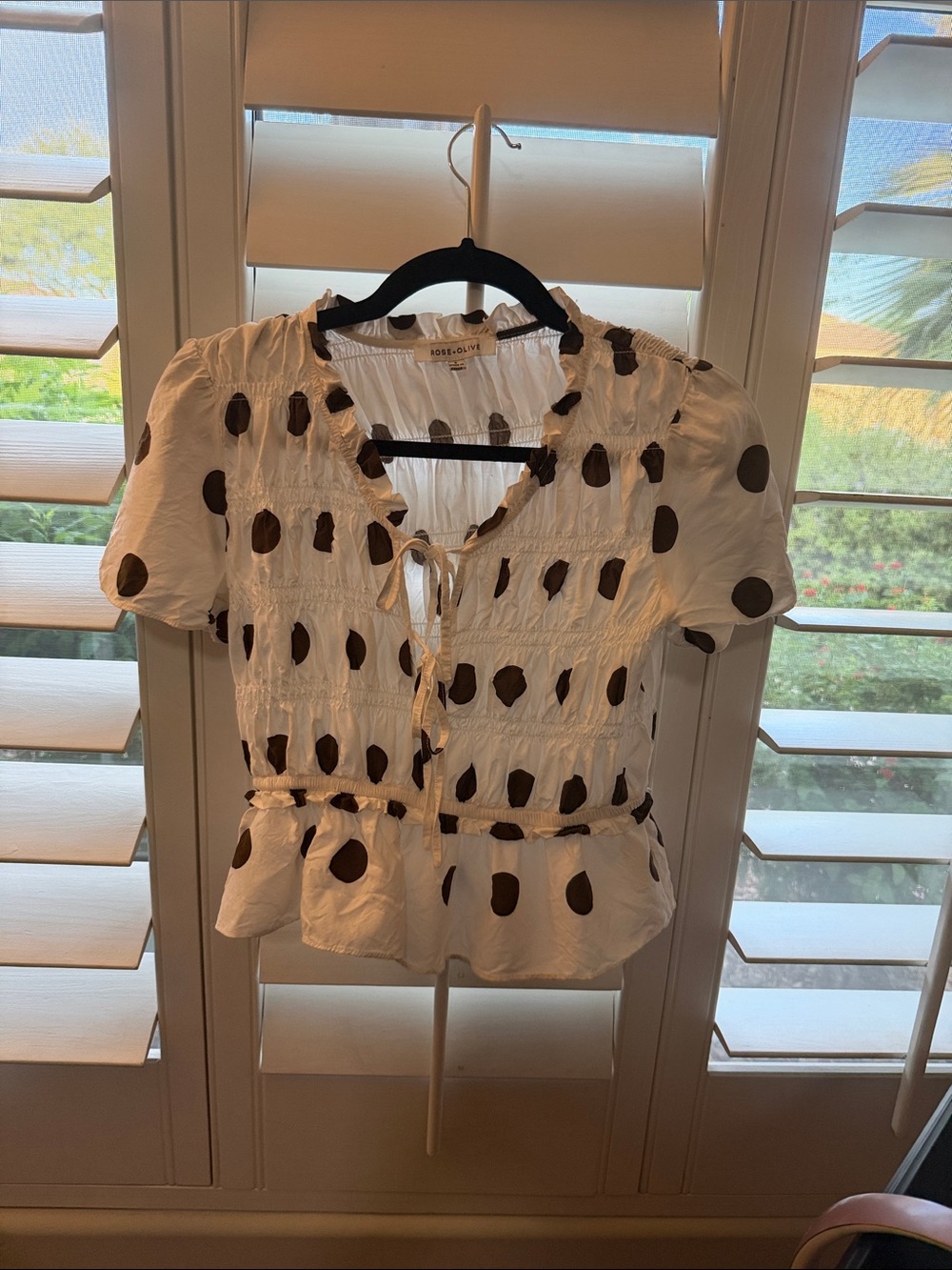 Rose & Olive White Short-Sleeve Smocked Peplum Top with Brown Polka Dots
